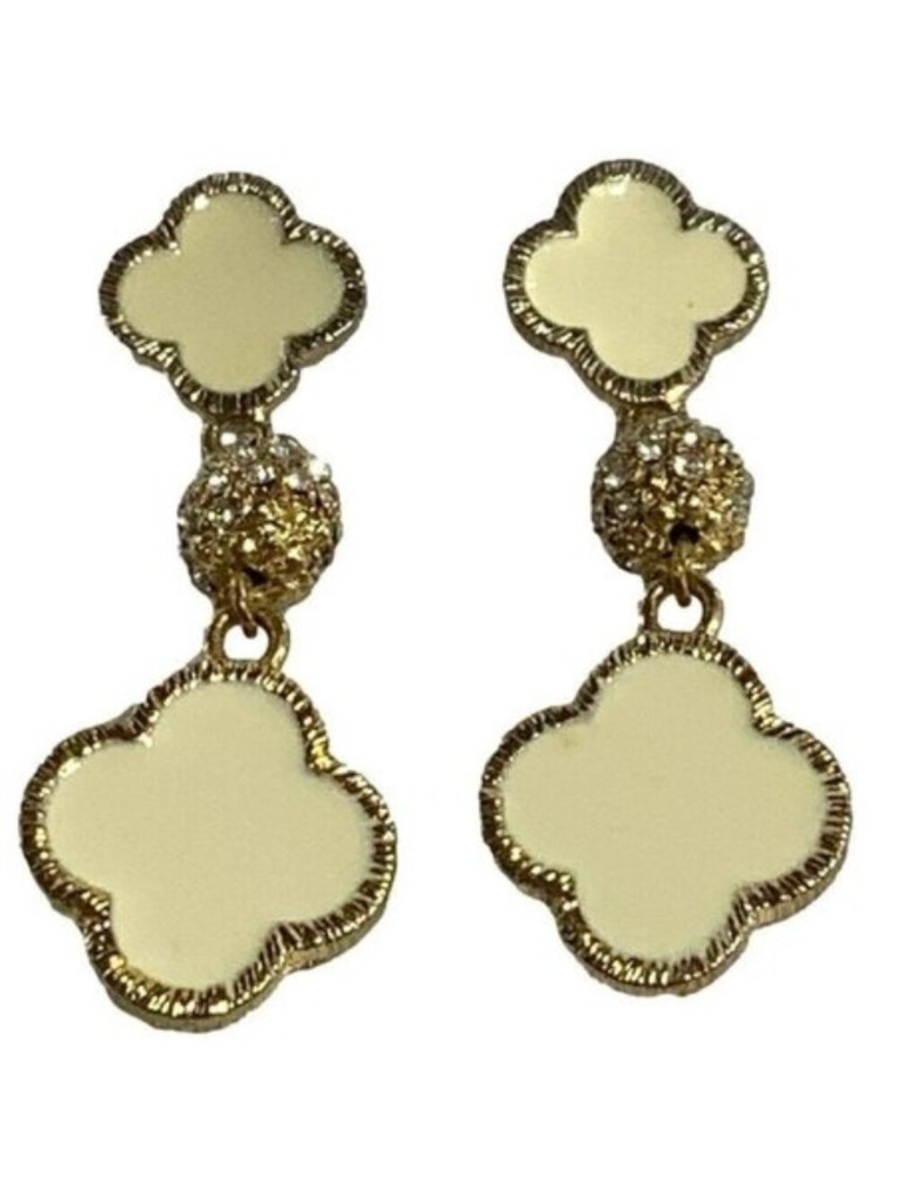 Clover Shaped Drop Earrings Crystal Encrusted Beaded Center Dark Gold Tone